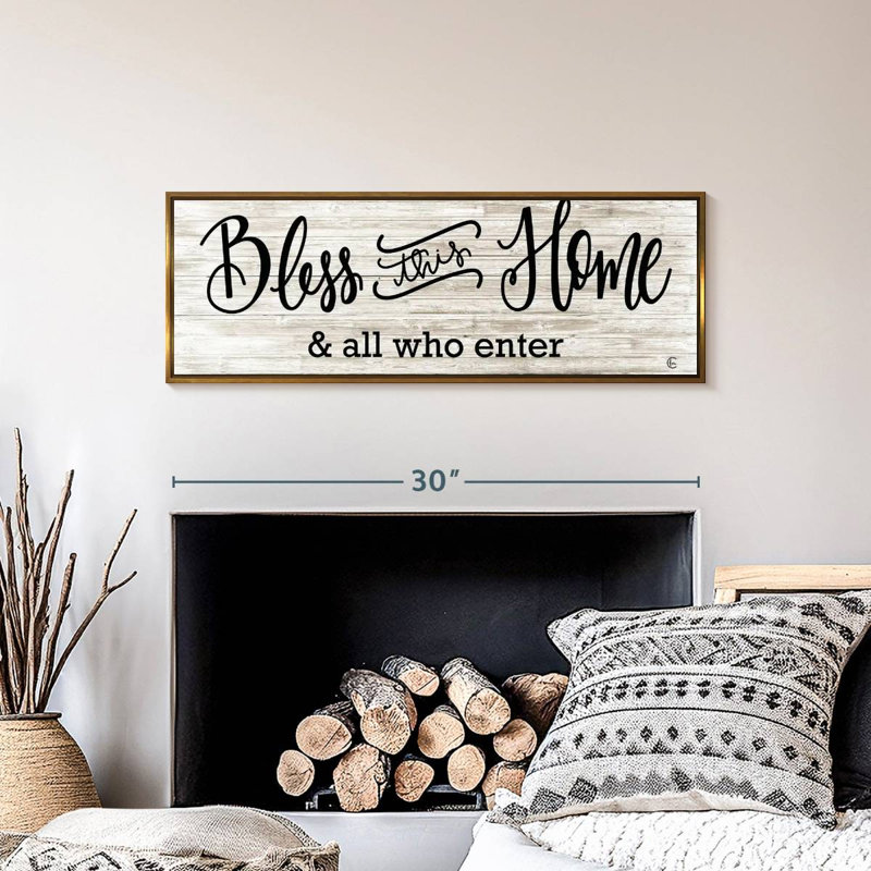 Plaque murale «Bless This Home», Cadre flottant doré, 31 po x 11 po