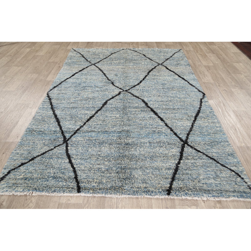 Tapis décoratif en laine bleu marocain de conception unique 5 pi 5 po x 7 pi 9 po noué à la main New Age