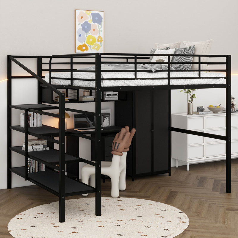 Lit mezzanine double en métal avec ensemble de table et garde-robe intégrés