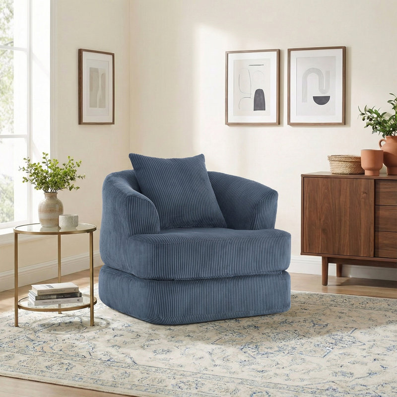 Oversized Upholstered Convertible Accent Barrel Chair, Blue Corduroy