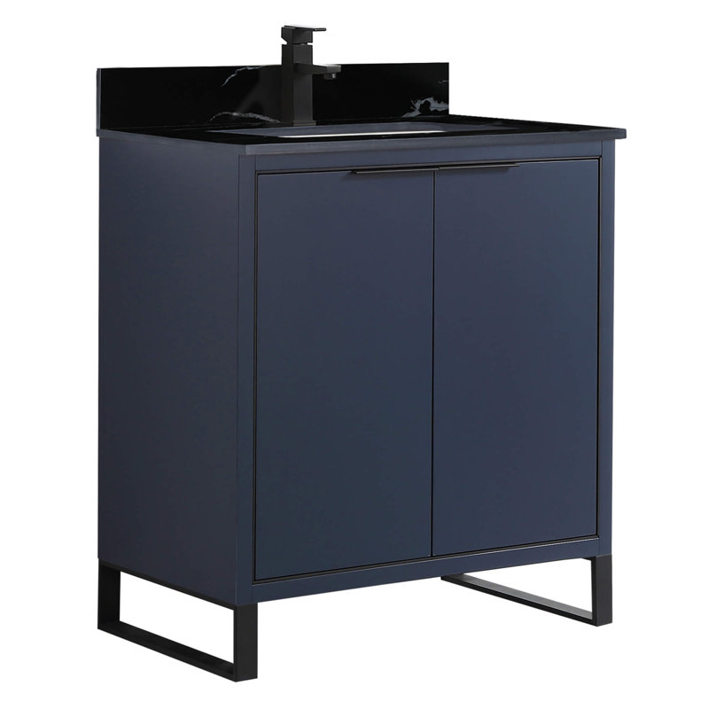 Gesa 30'' Single Bathroom Vanity with Stone Top, Matte Black, Navy Blue