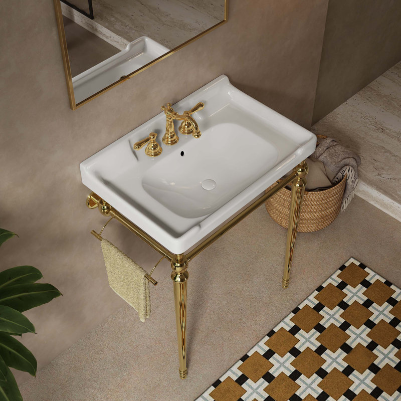 Lavabo de console de salle de bain mural avec trous de robinet pré-percés, pieds de support autoportants et barre à serviettes, idéal pour la rénovation de salle de bain et l’optimisation de l’espace.