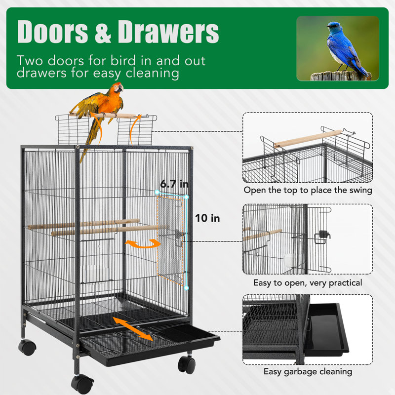 Cage à oiseaux en fer forgé de 35 pouces avec dessus ouvert et support roulant, grande cage à perroquet pour perruches, cockatiel, canari, pinson, inséparable, perroquet, pigeons, quaker gris africain