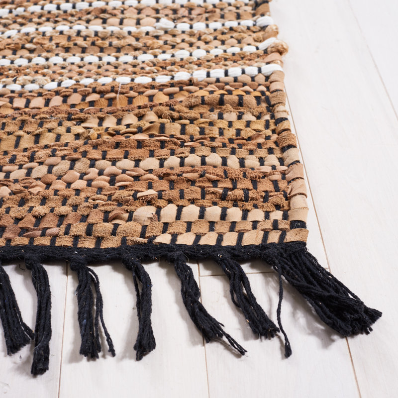 Vintage Brown and Natural Leather Handwoven 6' x 9' Area Rug