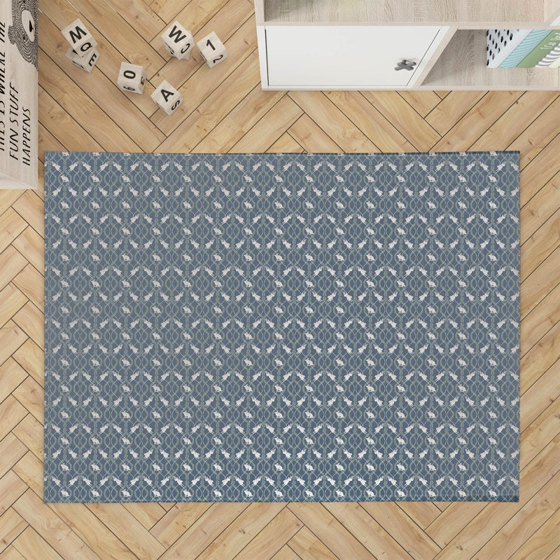 Nantucket Bunny Kids Play Mat, Dark Blue/Ivory, Rectangle 2' x 3'