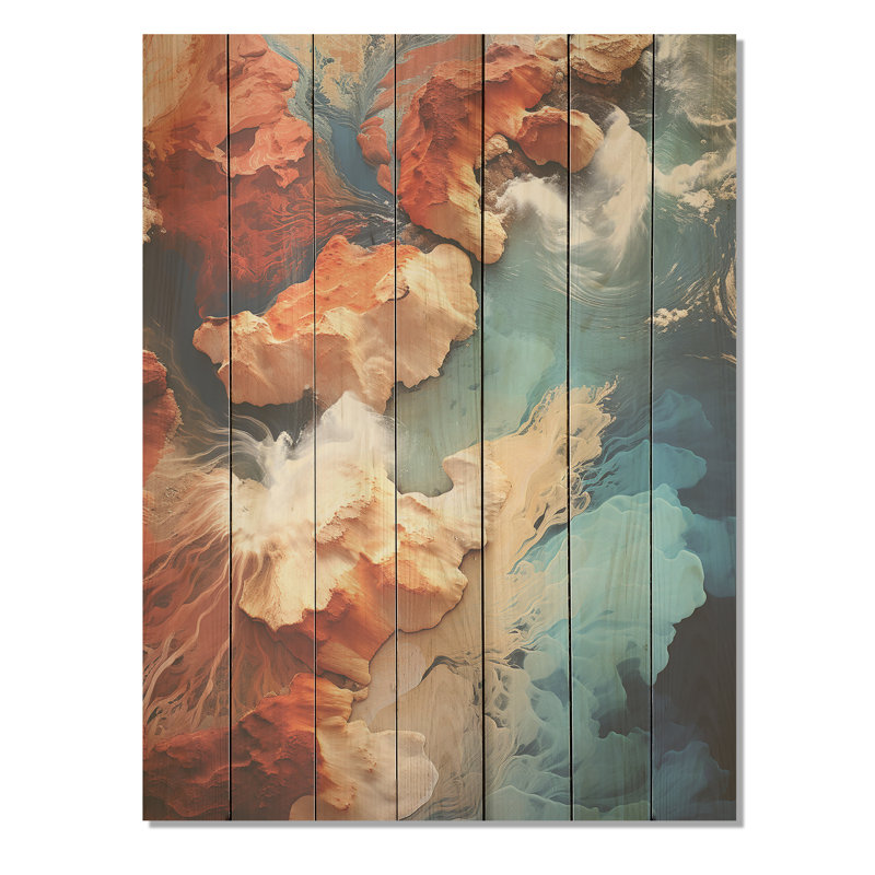 Vue aérienne de la plage rocheuse bleue et orange III - plage sur bois, H 40 po x l 30 po