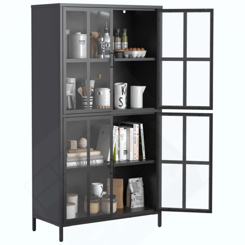 Premium Metal Storage Cabinet With Tempered Glass Doors, Adjustable Shelves, Anti-Tipping Device, Magnetic Silent Closure, And Adjustable Feet For Home And Office Use