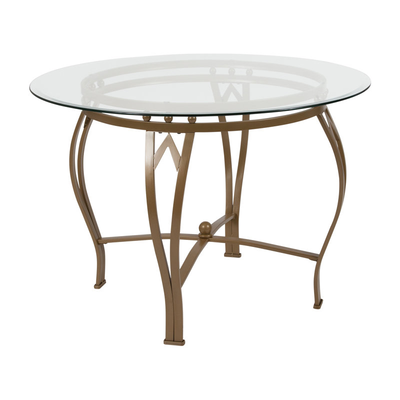 Syracuse Round Glass Dining Table with Bowed Out Metal Frame, 29.5" H x 42" W x 42" D, Gold