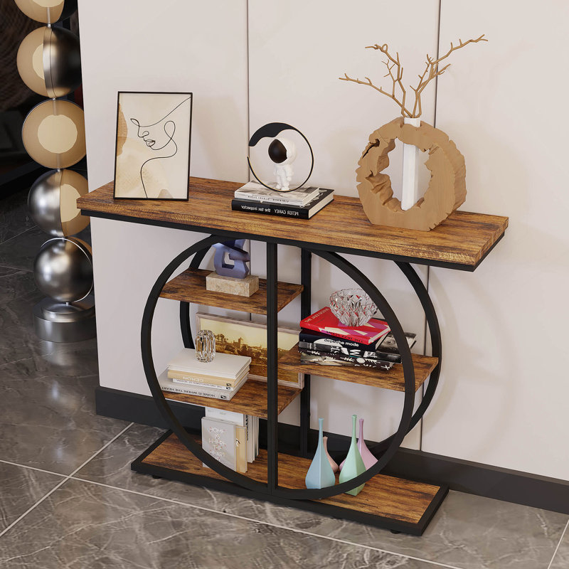 41.3 Inch Industrial Console Table For Entryway, Narrow Sofa Table With Storage Shelves & Circle Base, Rustic Brown Accent Furniture For Hallway, Foyer, Entrance, Living Room