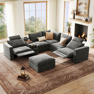 5 Seater Chenille Oversized Modular Sectional Sofa With Double Power Recliner Cloud Reclining Couch With Headrest Storage Drawer Charging Cup Holders Deep L-shaped With Corner And Ottoman