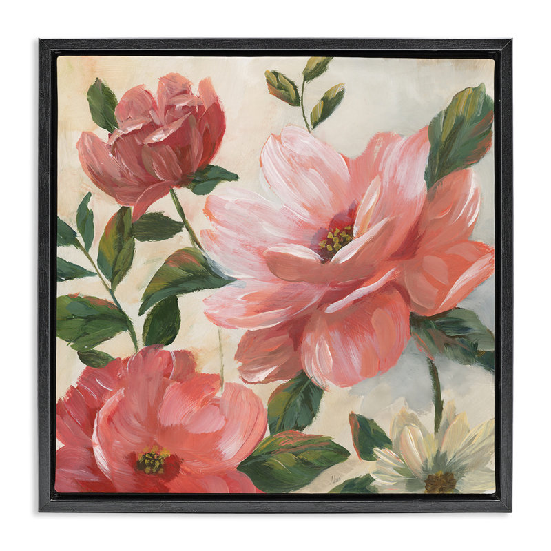 «Pink & Blush Flower Blooms», art mural encadré par flotteur, H 18 po x l 18 po, Cadre flottant noir de jais