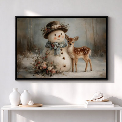 Bonhomme de neige avec fauve, art mural sur toile noir, 16 po x 24 po, décoration murale moderne pour le salon et la chambre à coucher