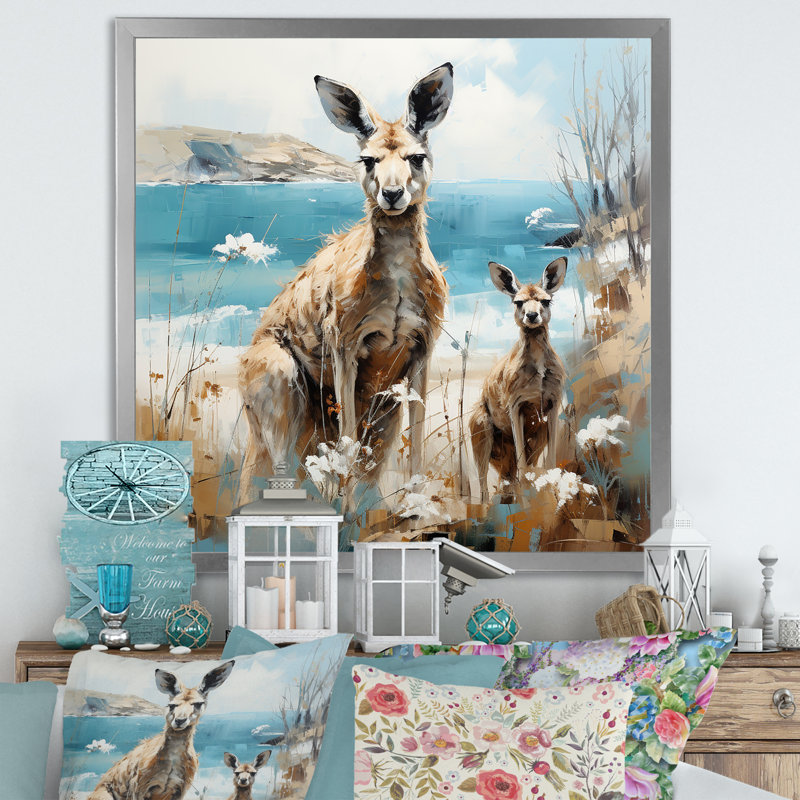 «Kangaroo Family In Australie Coast I», reproduction sur toile, Cadre simple argenté, H 30 po x l 30 po x P 1 po
