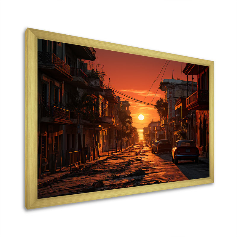 «Havana Sunset Panorama I», reproduction sur toile, Cadre doré simple, H 24 po x l 32 po x P 1 po