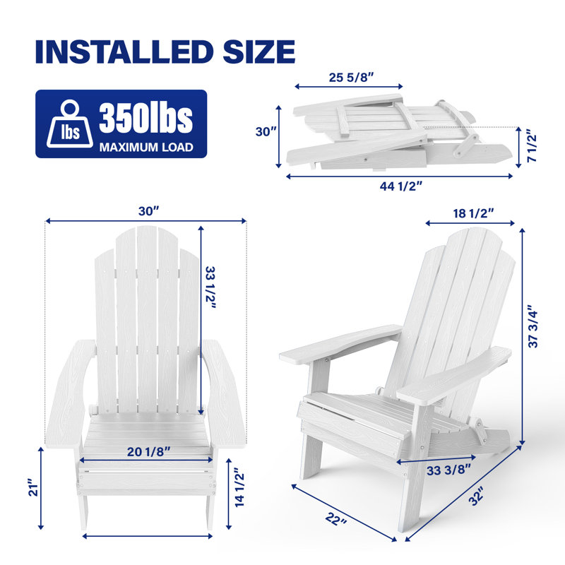 All Weather Outdoor HIPS Plastic Folding Adirondack Chair Fire Pit Chairs Oversized Patio Chair, White