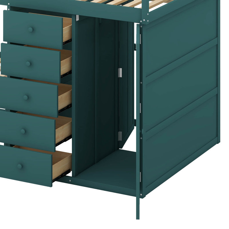 Lit superposé double avec tiroirs de rangement et garde-robe, structure de lit superposé en bois avec échelle, Vert Morandi