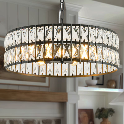 Lustre en cristal noir moderne pour la salle à manger, lustres de luxe à monture en verre à DEL de 17,7 po, luminaires suspendus cylindriques suspendus ronds pour le vestibule de la chambre à coucher du salon, avec 6 pièces * ampoules de 5 W