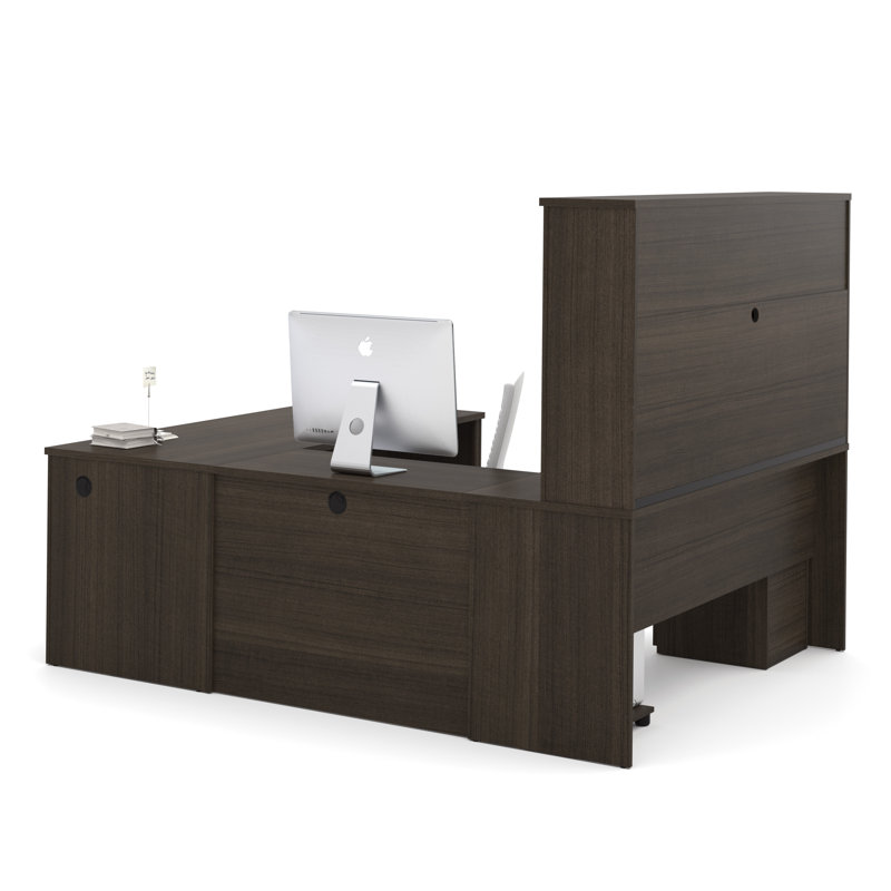 Bureau en U avec huche réversible Opérle, Chocolat noir