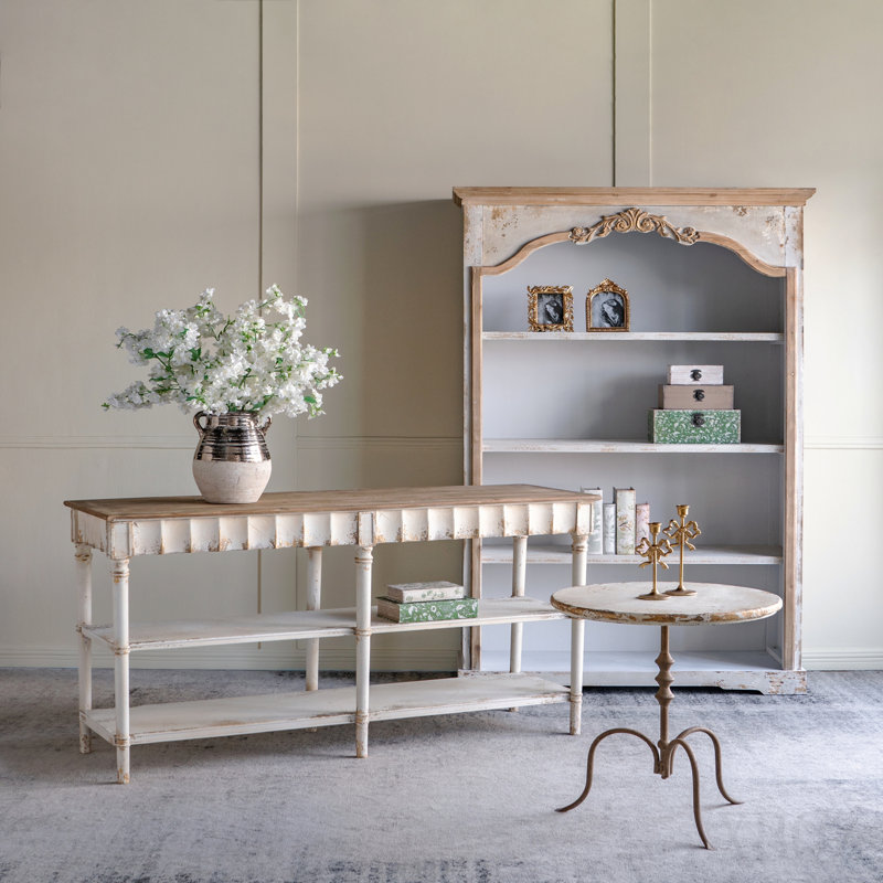 63x19.5x35.5" Three-Tiered Wooden Console Table With Distressed White And Beige Finish