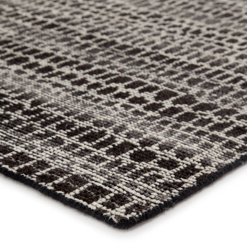 Tapis noir / blanc en laine noué à la main à motif géométrique Alemar, Rectangle de 10 pi x 14 pi