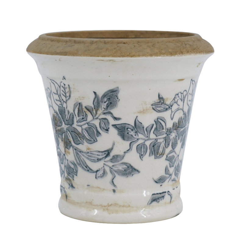5.3X5.3X5.1 Inches Ceramic Planters In A Of 4, Inspired By Vintage Pottery Design, Flared Shape, Slightly Distressed White, And Black Floral For Succulent Displays Styles, Sideboard Decorations