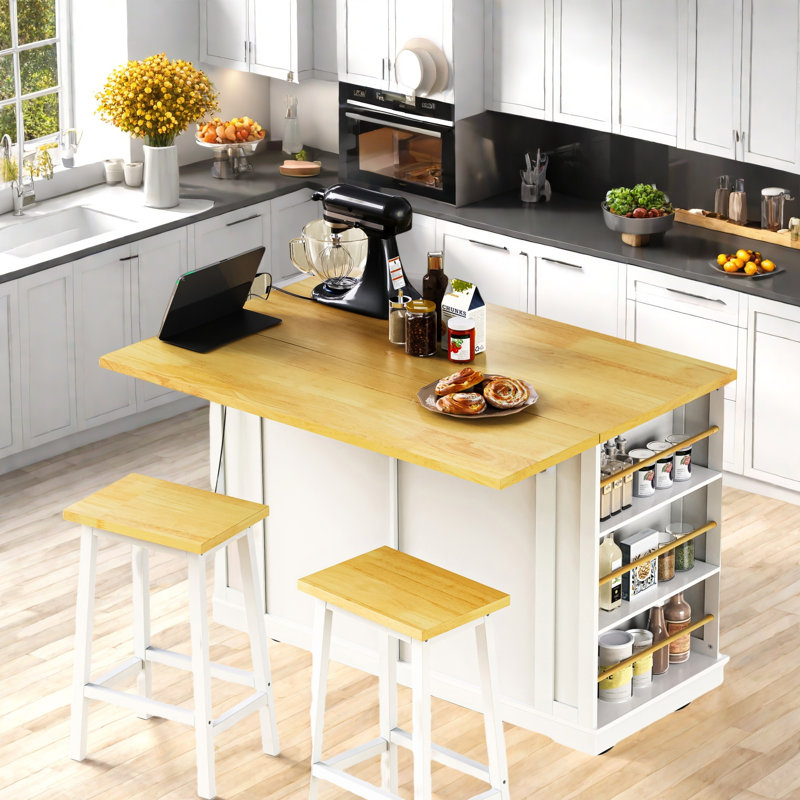 Grand îlot de cuisine roulant avec abattant, prise de courant, supports de rangement internes, 5 supports latéraux ouverts, 2 tiroirs, une tablette réglable