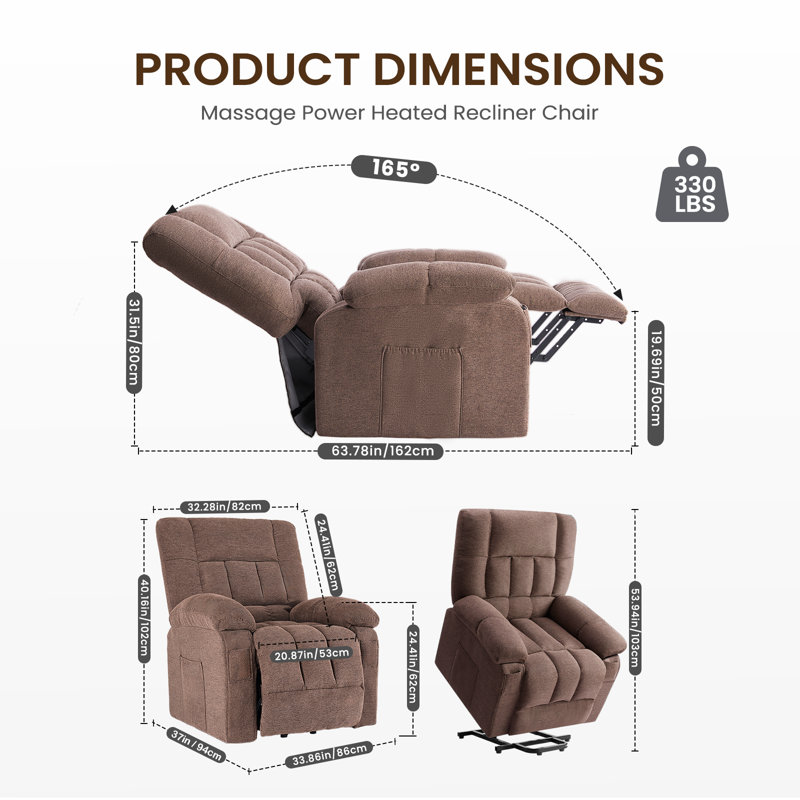 Oversize Power Lift Assist Reclining Chair with Massage Heating & Side Pocket, Brown