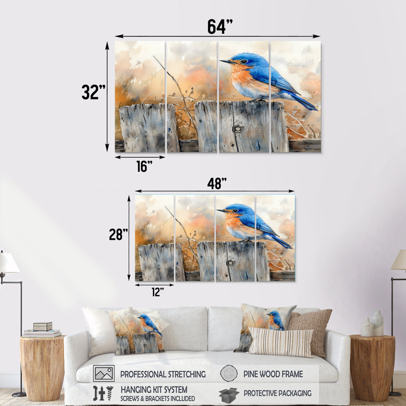 «Bluebird On The Farm Fence IV» - Décoration murale oiseau - Art mural moderne, H 28 po x l 48 po