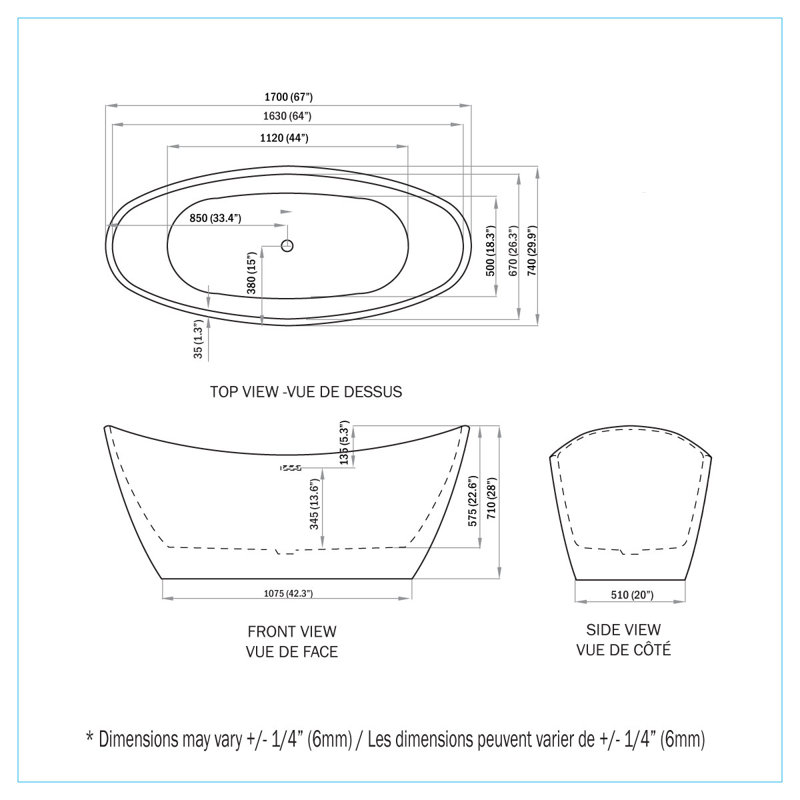 66.93'' x 29.53'' Freestanding Soaking Acrylic Bathtub