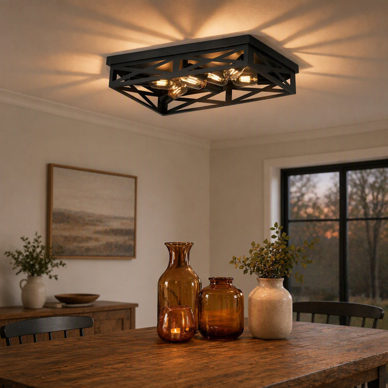6-Light Matte Black Farmhouse Square Flush Mount Ceiling Light