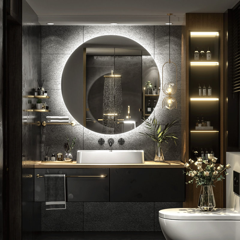 Miroir de salle de bain mural en verre trempé Molly, 32 po x 32 po, Rond