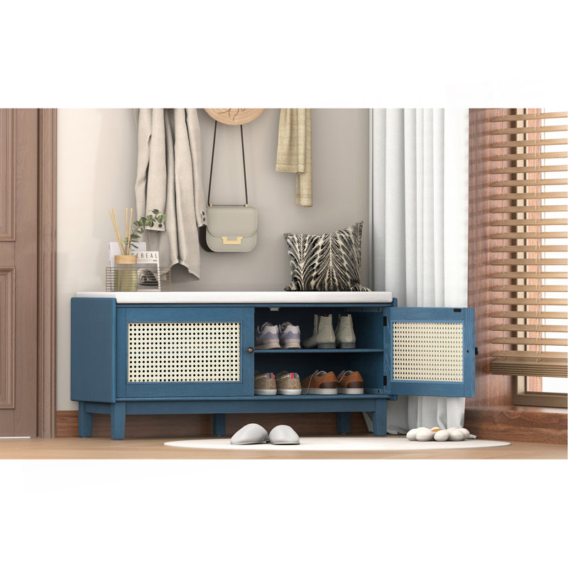 Banc de rangement en rotin avec rangement Boho, Bleu marine antique et beige