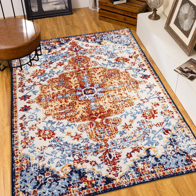 Area Rug 5X7 Vintage Bohemia Large Persian Non-Slip Washable Rug For Living Room Kitchen Bedroom Living Room Flower Design
