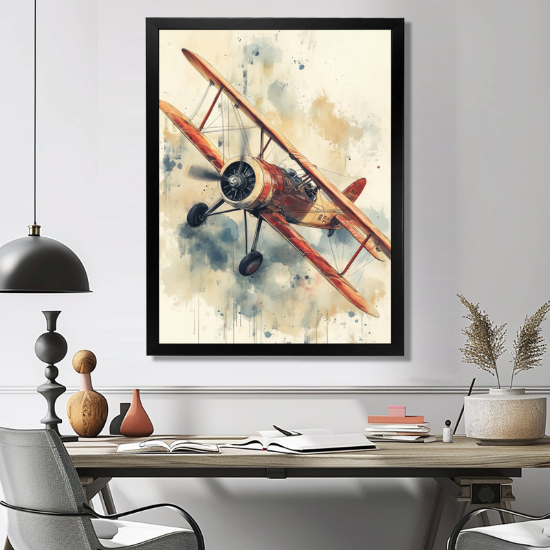 Biplan dans le ciel ouvert - Tableau rétro encadré, H 32 po x l 24 po, Black Picture Framed