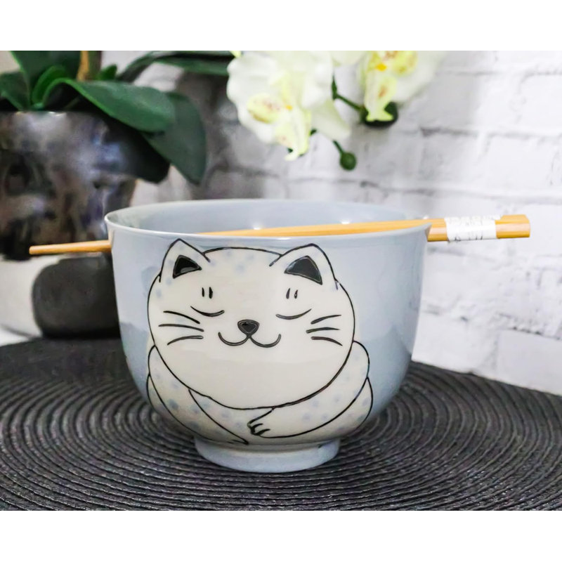 Chubby Kitty Cat Sleeping Donburi Ramen Bowl With Chopsticks Set