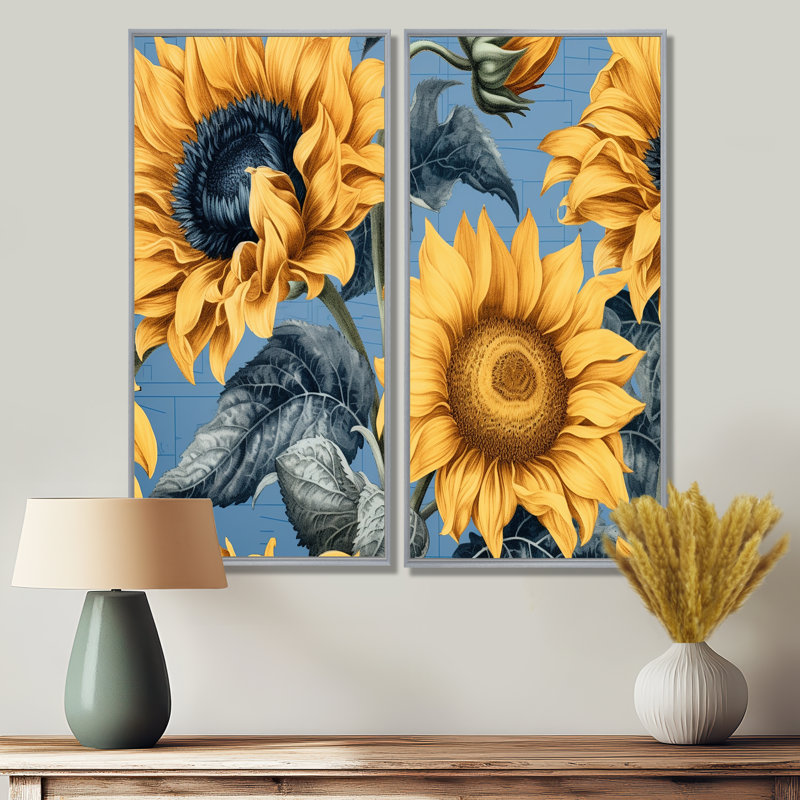 Tournesol doré collage - grand art mural floral 2 panneaux, H 32 po x l 32 po, Argent argent