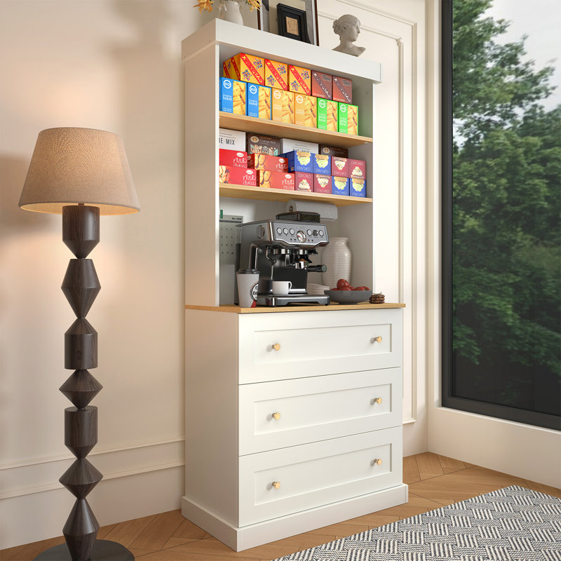 Kenric Three Layers of Drawers and Open Countertops&Bookcases, White, 70.8"H x 31.5"W x 15.7"D