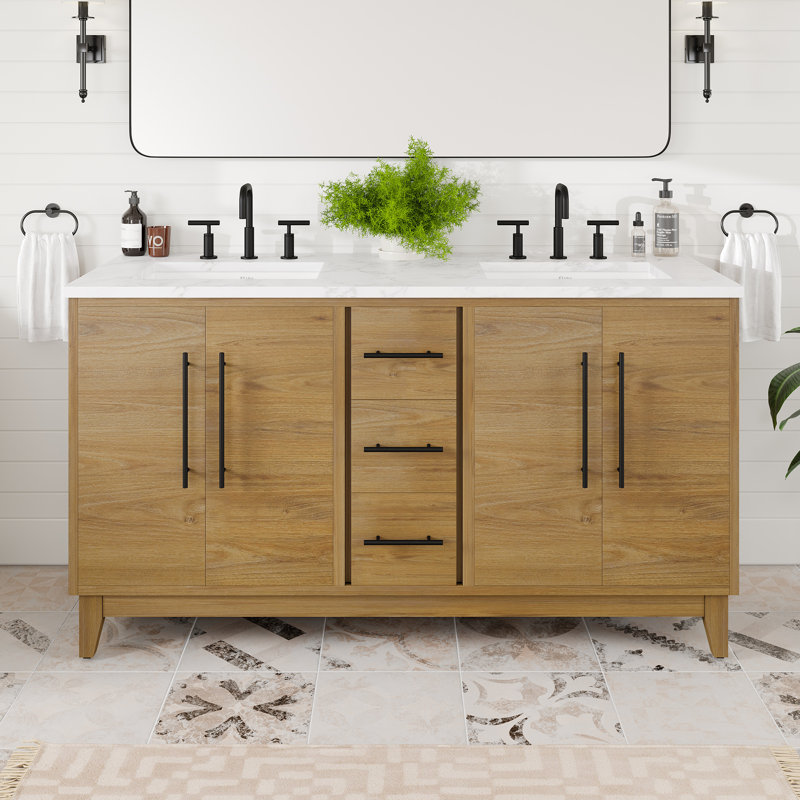 Burtch 60"W X 22"D Oak Double Sink Bathroom Vanity With White Arabescato Engineered Stone Countertop And Undermount Ceramic Sinks