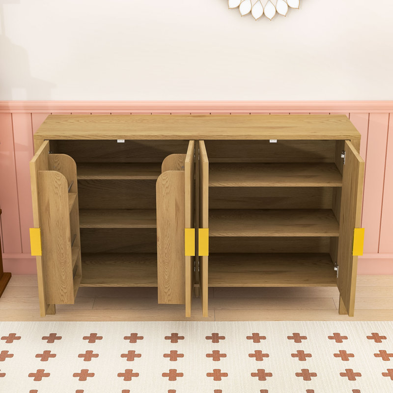 Élégant buffet à 4 portes avec tablettes dissimulées, tablettes réglables et crochets latéraux, Naturel
