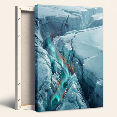 «Blue Glacier Ice Crevices» avec art mural sur toile bleu sarcelle et lumière rouge