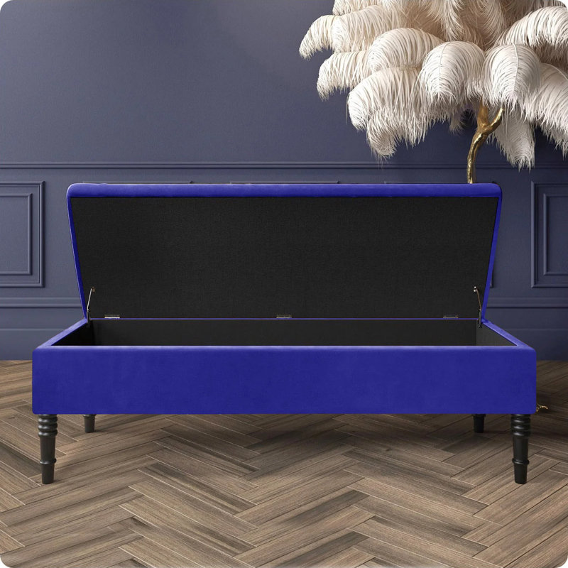 Safar Plain Upholstered Plush Velvet Ottoman Storage Bench with Black Turned Wooden Legs, Sapphire Blue