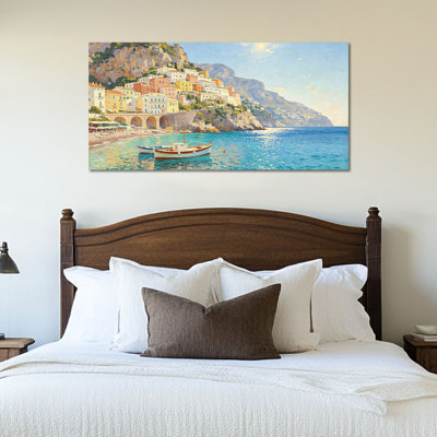 Haislip - Peinture méditerranéenne de la photo côtière italienne pour le salon, œuvre de plage vibrante pour le bureau de la chambre du salon, toile tendue avec cadre en pin, 12 po x 24 po