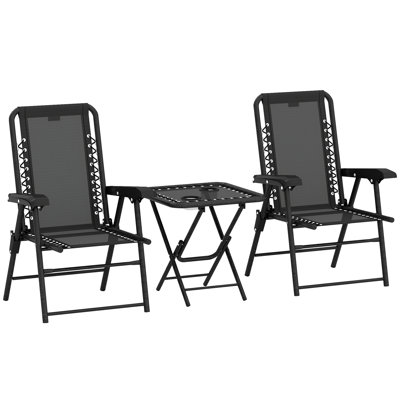 Garden Table and Chair Set 65*61*91 cm Powder-Coated Steel 3 Pieces Bistro Set Black Foldable & with Cup Holders