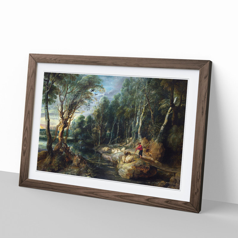 A Shepherd with His Flock by Peter Paul Rubens - Picture Frame Painting, Walnut Framed, 27cm H x 36cm W x 2cm D