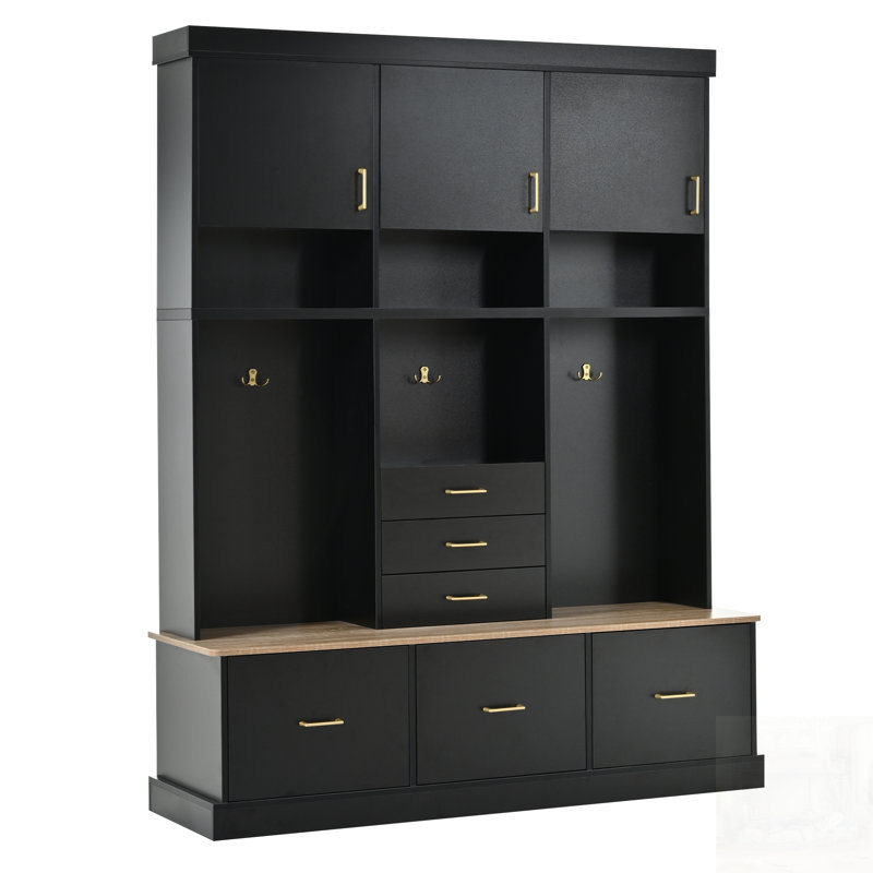 Entryway Hall Tree With Bench And Storage, 5-In-1 Modern Hall Tree With Coat Rack, 6 Drawers, 3 Cabinets And 3-Tier Top Storage For Hallway, Entryway, Living Room, Mudroom