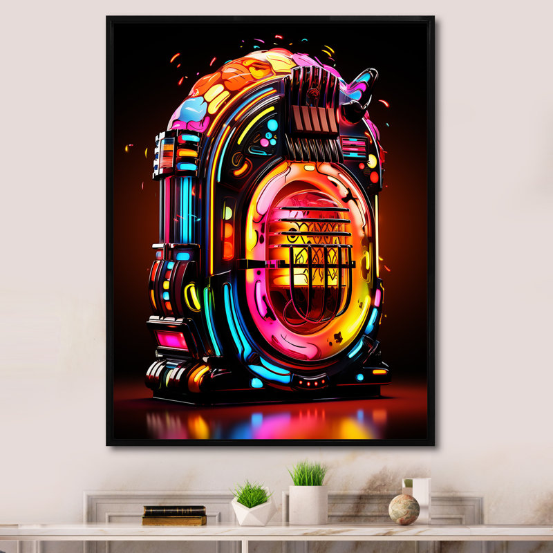 Jukebox Machine Neon Grooves 1 - Jukeboxes, art mural, Cadre flottant noir, H 44 po x l 34 po x P 1,5 po