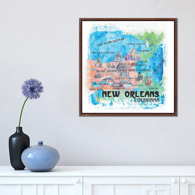 New Orleans Louisiana USA Illustrated Map by Markus & Martina Bleichner - Painting on Canvas