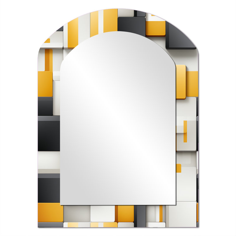 Yellow And Grey Geometric Blocks Harmony II - Geometric Asymmetrical Large Wall Mirror, Modern Arch Unique Mirror, Printed Metal Art