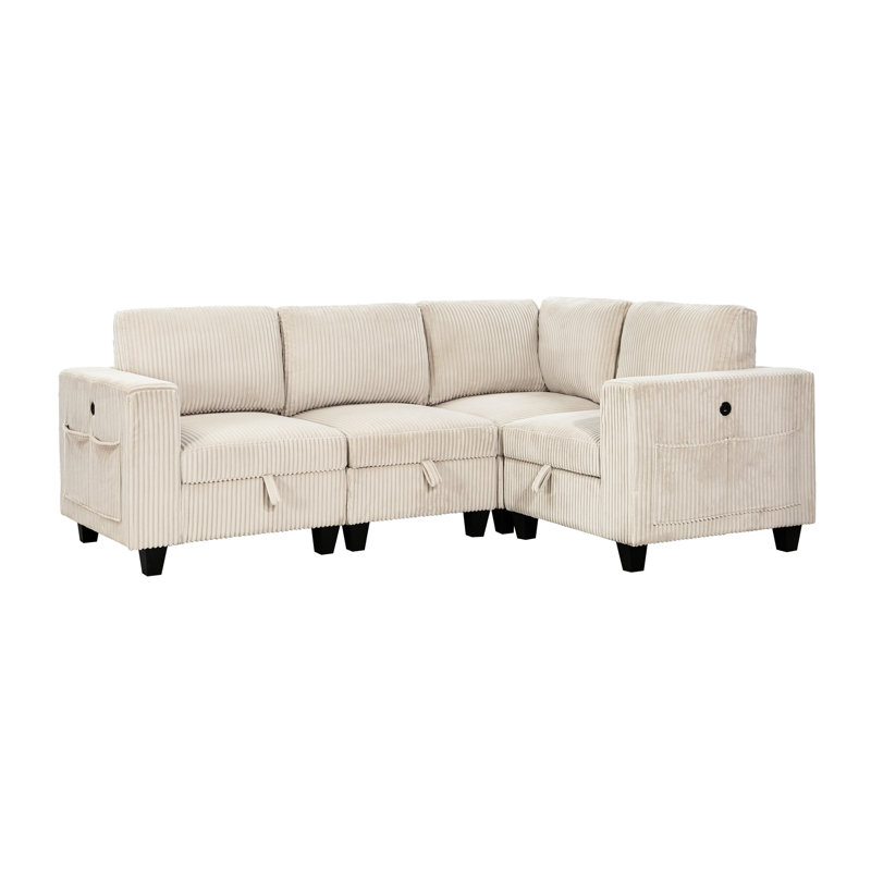 Canapé modulaire en velours côtelé beige avec poignée en boucle et siège de rangement rembourré moderne