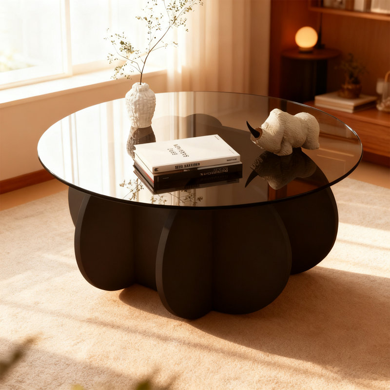 Table basse ronde en verre trempé de 31,5 po, table basse moderne de style Mid-Century avec base en bois massif en forme de fleur, table centrale décorative d'une capacité de poids de 170 lb pour le salon, le petit appartement et le bureau personnel